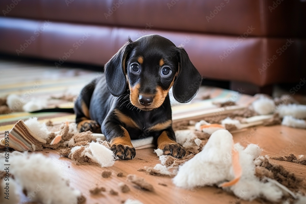 Dachshund puppy tore the pillow, the sofa and sits among the mess